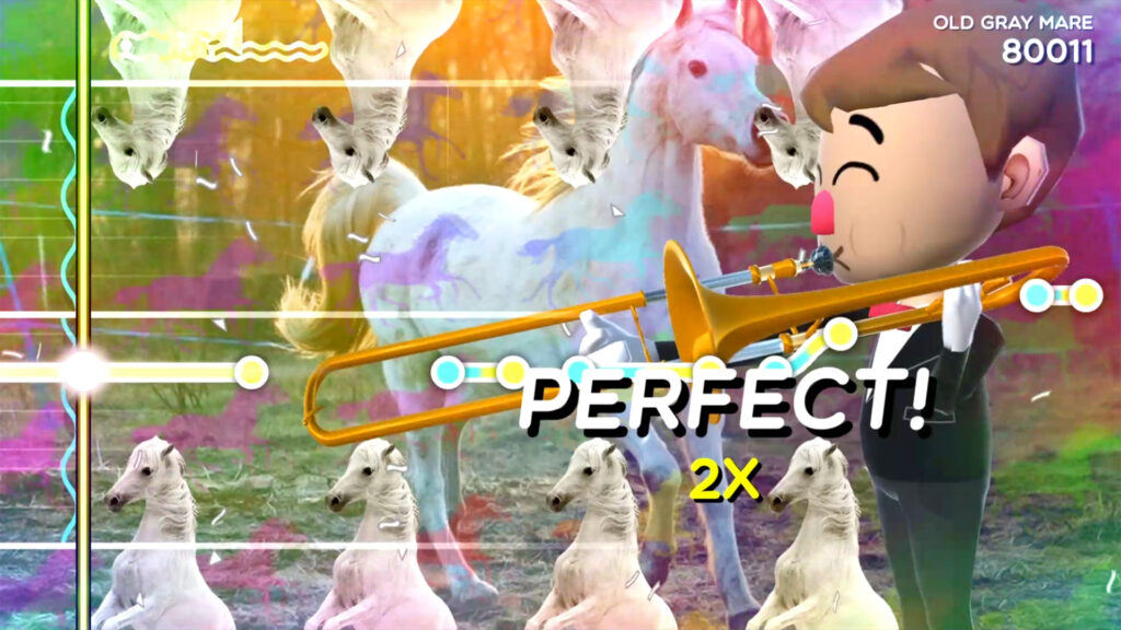 A screenshot of Trombone Champ. It features a cartoon man playing the trombone, along with white horses in the background and the horses are various sizes, there's nine of them. Also rainbows.